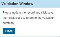 Popup window with message for fixing validation errors and Close to return to Erro rlist